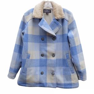 Woolrich Glacier Buffalo Wool Fleece Checkered Plaid Winter Heavy Peacoat EUC M